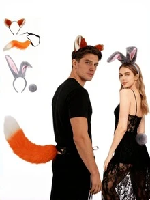 Halloween Costume Fox & Rabbit Combo, Couple Role Play Accessories, Fox Ears Headband & Fox Tail Set, Rabbit Tail & Headband Set, Cute Accessories, Photo Props, Plush Ears, Couple Outfit, Costume Party Outfit, Suitable For Animal Theme Party & Role Play Events, Halloween - Multicolor - View 1