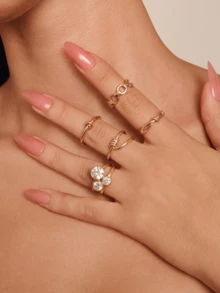 5pcs Gold Ring Set, Stackable Knotted Hollow Chain Rhinestone Rings, Versatile Jewelry For Women - Gold - View 3