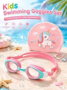 Children's Swim Goggles Set, Cute Printed Swim Cap, Colorblock Design, Adjustable Goggles With Earplugs And Nose Clip, Swimming Pool Water Play Equipment - Green - View 3