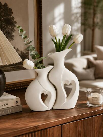 Juego de 2 jarrones con forma de corazón, jarrones de flores románticos para parejas, decoración de mesa con escultura de corazón hueco para sala de estar, dormitorio, estantería, entrada & oficina, regalo de boda, aniversario y inauguración de casa