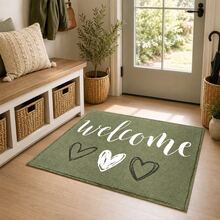 1pc Olive Green Heart Pattern Printed Faux Cashmere Kitchen Mat, Absorbent Kitchen Floor Mat, Kitchen Rug, Long Runner Mat, Sink Front Mat, Suitable For Kitchen, Bathroom, Entryway, Hallway, Laundry Room And Home Decor - Multicolor - View 2