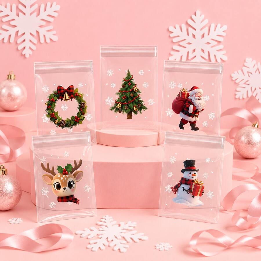 50/100 Pieces, Christmas Self-Adhesive Bags With Reindeer, Snowman, Santa Claus, And Christmas Tree Printed Patterns, Small Transparent Gift Bags, Perfect For Christmas Decorations, Winter Party Packaging, And New Year Gift Bags - View 1