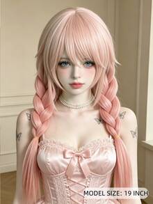 Pink Double Pigtails Cosplay Wig 18 Inch Synthetic Wig With Bangs, Cute Anime Costume Wig, Suitable For Halloween Party - Pink Ombre - View 2