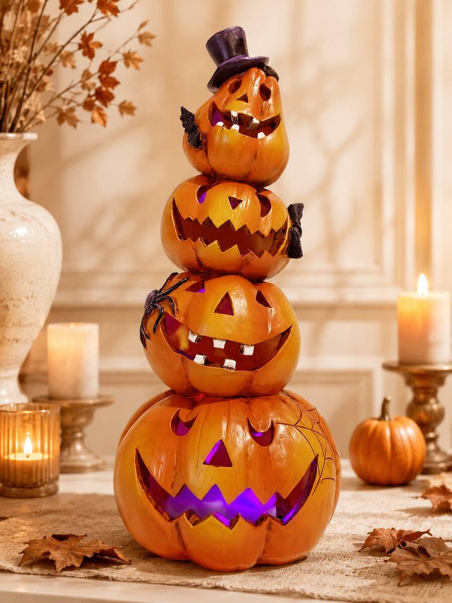 1pc Glowing Halloween Pumpkin Stacked Ornament, Resin Jack Pumpkin ...