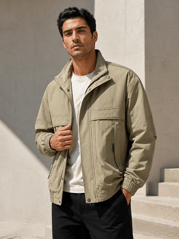 1pc Men's Jacket, Stand Collar Utility Style Casual Jacket, Polyester Woven Fabric, Loose Fit Slimming Multi-Pocket Design, American Retro Casual Business Style, Suitable For Daily Commute, Spring And Autumn Outdoor Wear