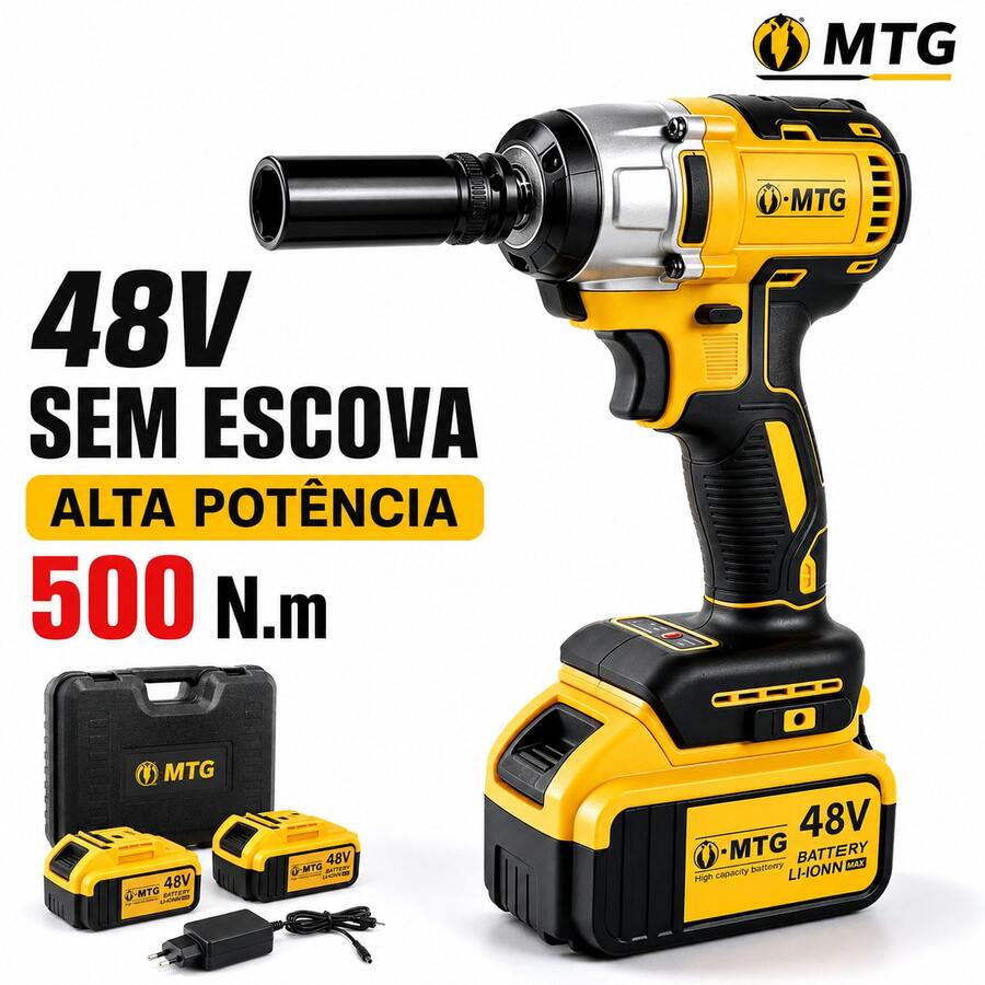 Chave de Impacto Sem Fio MTG 88V Motor Sem Escovas, Torque Máximo 500N.m, 2 Velocidades Ajustáveis, 2 Baterias Li-ion 1300mAh com Visor de Carga, Encaixe 1/2", Maleta Inclusa para Mecânica e Montagem - Amarelo - Visão 1