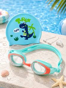 Children's Swim Goggles Set, Cute Printed Swim Cap, Colorblock Design, Adjustable Goggles With Earplugs And Nose Clip, Swimming Pool Water Play Equipment - Green - View 4