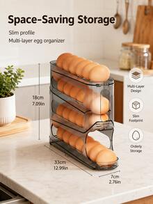 Minimalist Transparent Gray 4-Tier Egg Storage Box, PP Plastic Automatic Rolling Egg Dispenser Organizer Rack, Large Capacity Slide-Rail Refrigerator Kitchen Home Daily Food Storage Rack - Multicolor - View 3