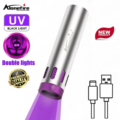Alonefire Mini Linterna UV 365nm Luz Negra Con Lente de Filtro, Linterna de Mano Recargable USB con Doble LED, Detector Ultravioleta Para Curado de Uñas de Gel, Detector de Orina de Mascotas, Detección de Fugas, Identificación de Minerales y Joyas, Autenticación de Dinero, Caza de Escorpiones