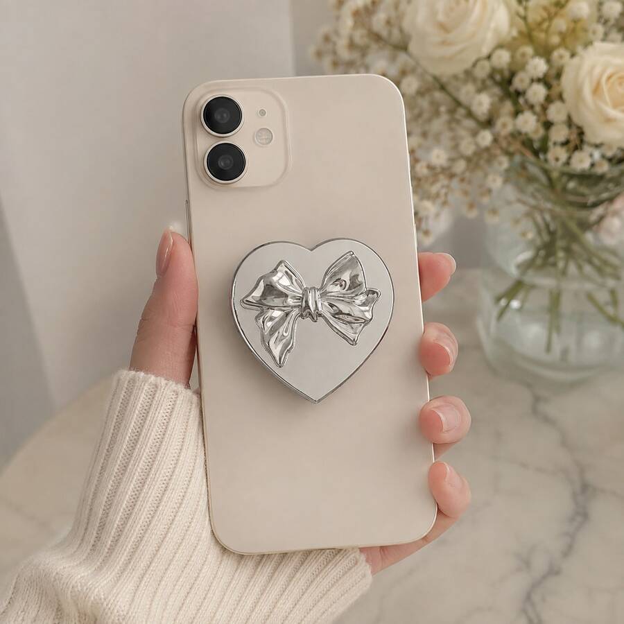 Exquisite Bow Shaped Heart-Shaped Personalized Fashionable Phone Holder, Suitable For All Phones, Cute Desktop Storage Rack - Silver - View 1