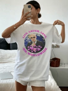 Mr. Worldwide Pitbull Tee Live Laugh LLove, Pink Heart & Planet Print T-Shirt, Iconic Meme Rap Fan Streetwear For Daily Wear - White - View 7