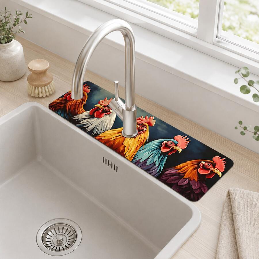 1pc Sink Faucet Absorbent Mat, Colorful Rooster Pattern Drainage Mat, Suitable For Kitchen, Bathroom Sink, Countertop, Drainage Mat, Diatomaceous Earth Material, Trimmable, Quick-Dry Mat - Multicolor - View 1