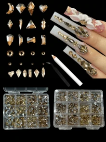 12-Grid/Box Nail Art Rhinestone Set, Includes Pickup Pen, Champagne Color Nail Decorations, Various Shapes For DIY, 3D Embellishments, Nail Supplies, Suitable For Daily Use And Nail Salons - Champagne - View 7