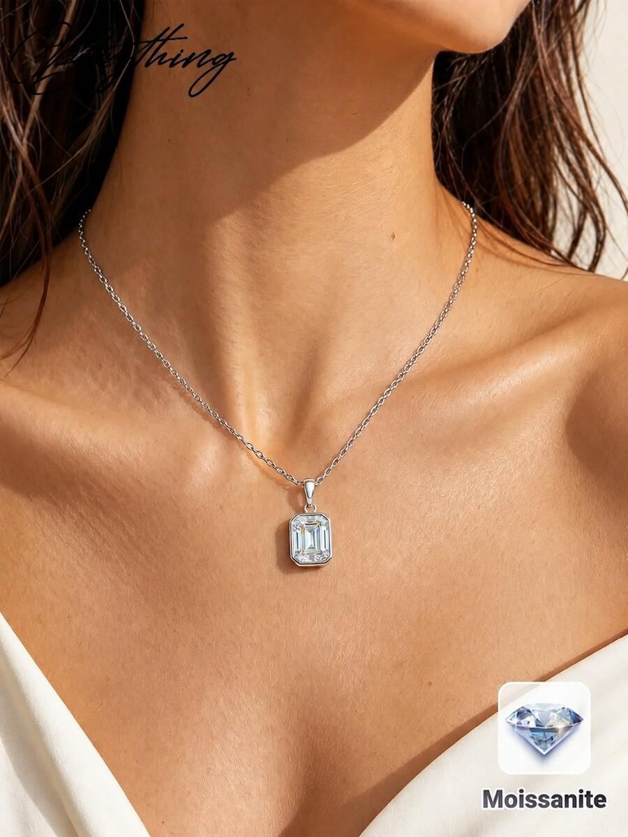 Besthing 1pc S925 Sterling Silver 1CT/3CT/6CT Rectangular Moissanite Pendant Necklace, Minimalist Luxury Elegant Accessory For Wedding, Anniversary, Party, Banquet - Silver - View 1