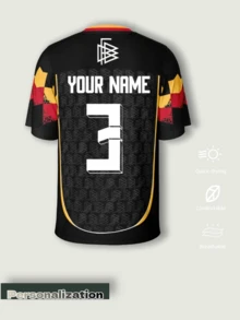 Customized All-Over Print Football Jersey, Supports Custom Logo, Name, Number, Black Base With Red And Yellow Color Block Design, V-Neck Short Sleeve German Sports Jersey, Suitable For Football, Basketball, Volleyball Games, Training And Casual Wear - Black - View 3