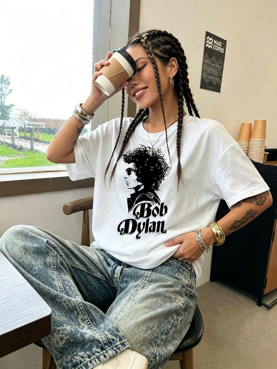 Bob Dylan Schwarz-Weiß Seitenprofil Silhouette Baumwoll T-Shirt Klassische Folk Musik Retro Kunst Unisex Lässig T-Shirt - Weiss - Übersicht 1