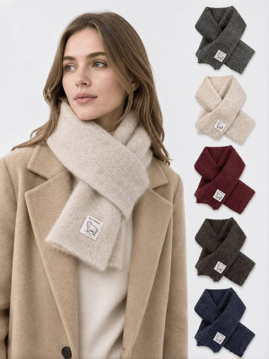 1pc Korean Style INS Soft Knitted Scarf For Women, Thick Warm Solid Color Versatile Cross-Knit Neck Warmer, Suitable For Autumn/Winter Daily Wear For Students - Multicolor - View 1