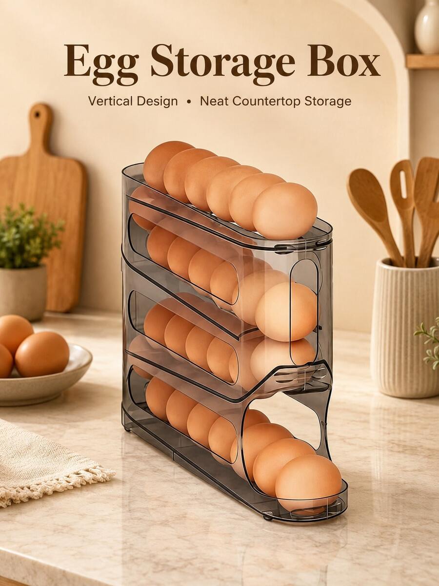 Minimalist Transparent Gray 4-Tier Egg Storage Box, PP Plastic Automatic Rolling Egg Dispenser Organizer Rack, Large Capacity Slide-Rail Refrigerator Kitchen Home Daily Food Storage Rack - Multicolor - View 1