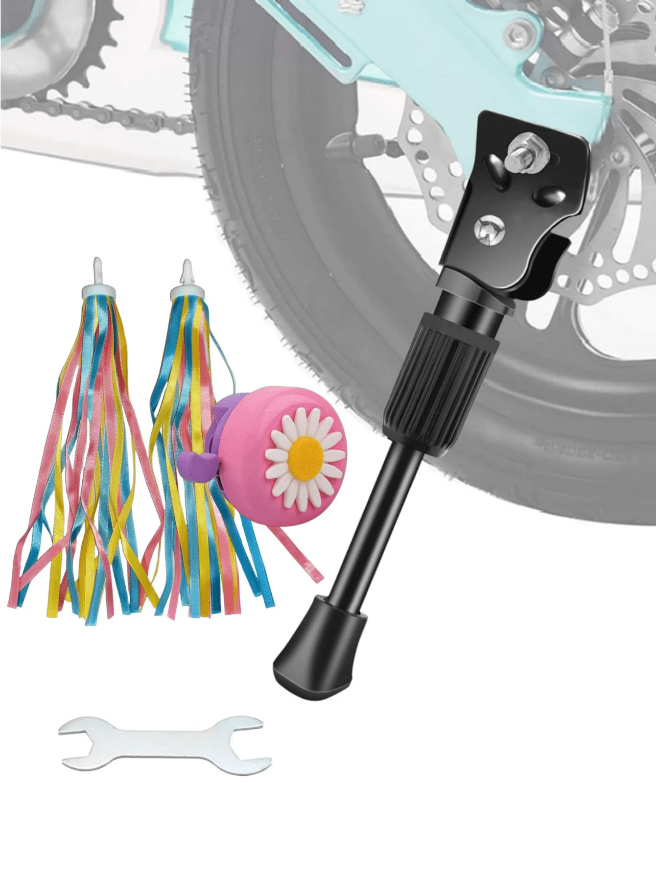 1 Set Small Bicycle Kickstand Kit, Bicycle Kickstand, Handlebar Tape, Bell, Suitable For 12/14/16/18 Inch Wheel Single-Sided Rear-Mounted Bicycle Support Stand, Non-Adjustable - Multicolor - View 1