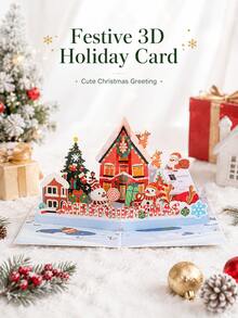 Creative Christmas 3D Greeting Card, Vintage Christmas House Style Card, A Gift For Friends And Family, Party Gift Card And Invitation Card - Green - View 7