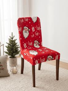 Christmas Print Elastic Dining Chair Cover, Santa Claus & Snowflake Pattern Stretchable Removable Chair Slipcover, Washable Furniture Protector, Christmas Kitchen & Dining Room Decor - Multicolor - View 1