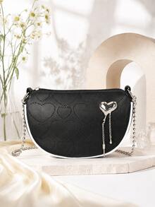 1pc Women's Heart Embossed Crescent Bag, Metal Heart Tassel Pendant Chain Crossbody Bag, Sweet Cool Style Contrast Edge Shoulder Small Bag - M1754 - View 6
