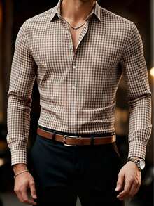 Men's Casual Brown Plaid Long Sleeve Shirt - Brown - View 4