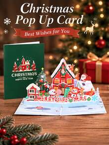 Creative Christmas 3D Greeting Card, Vintage Christmas House Style Card, A Gift For Friends And Family, Party Gift Card And Invitation Card - Green - View 9