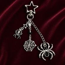 1PC Halloween Gothic Spider Chain Brooch Pin, Antique Silver‑Toned Star Web Dangle Lapel Pin For Party Costume Accessory - Silver - View 6
