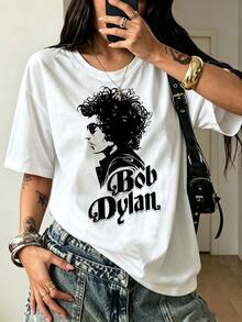 Bob Dylan Schwarz-Weiß Seitenprofil Silhouette Baumwoll T-Shirt Klassische Folk Musik Retro Kunst Unisex Lässig T-Shirt - Weiss - Übersicht 2
