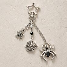 1PC Halloween Gothic Spider Chain Brooch Pin, Antique Silver‑Toned Star Web Dangle Lapel Pin For Party Costume Accessory - Silver - View 7