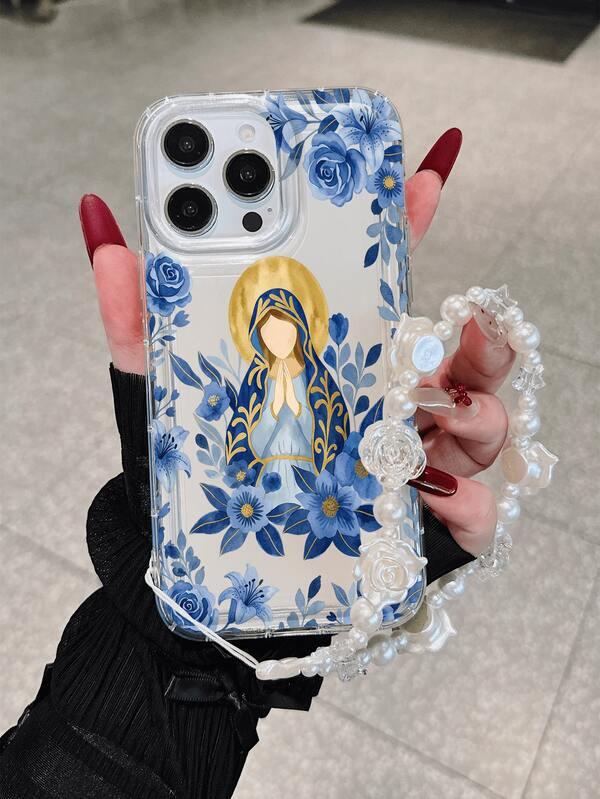 Religious Style Blue Floral Virgin Mary Print Mirror Phone Case With Beaded Lanyard, Premium Quality Apple Transparent Silicone Minimalist Cute Full Coverage Anti-Drop Glossy Phone Case, Compatible With IPhone 15/15 Pro Max/15 Pro/15 Plus/11/12/13/14/16 Pro Max/XS/XR/11 Pro/11 Pro Max/12 Pro/12 Pro Max/13 Pro/13 Pro Max/7 Plus/14 Pro/14 Pro Max/14 Plus/16 Pro/16 Plus/7 Plus/8 Plus/8/SE2, Compatible With Samsung S25/S24/S23/A55/A54/A53/A23 Series