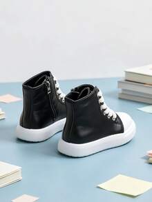 1 Pair Kids' Colorblock Chunky Strap High-Top Ankle Boots With Side Zipper For Easy On/Off, Suitable For School, Casual Wear, All-Season Versatile - Black - View 7