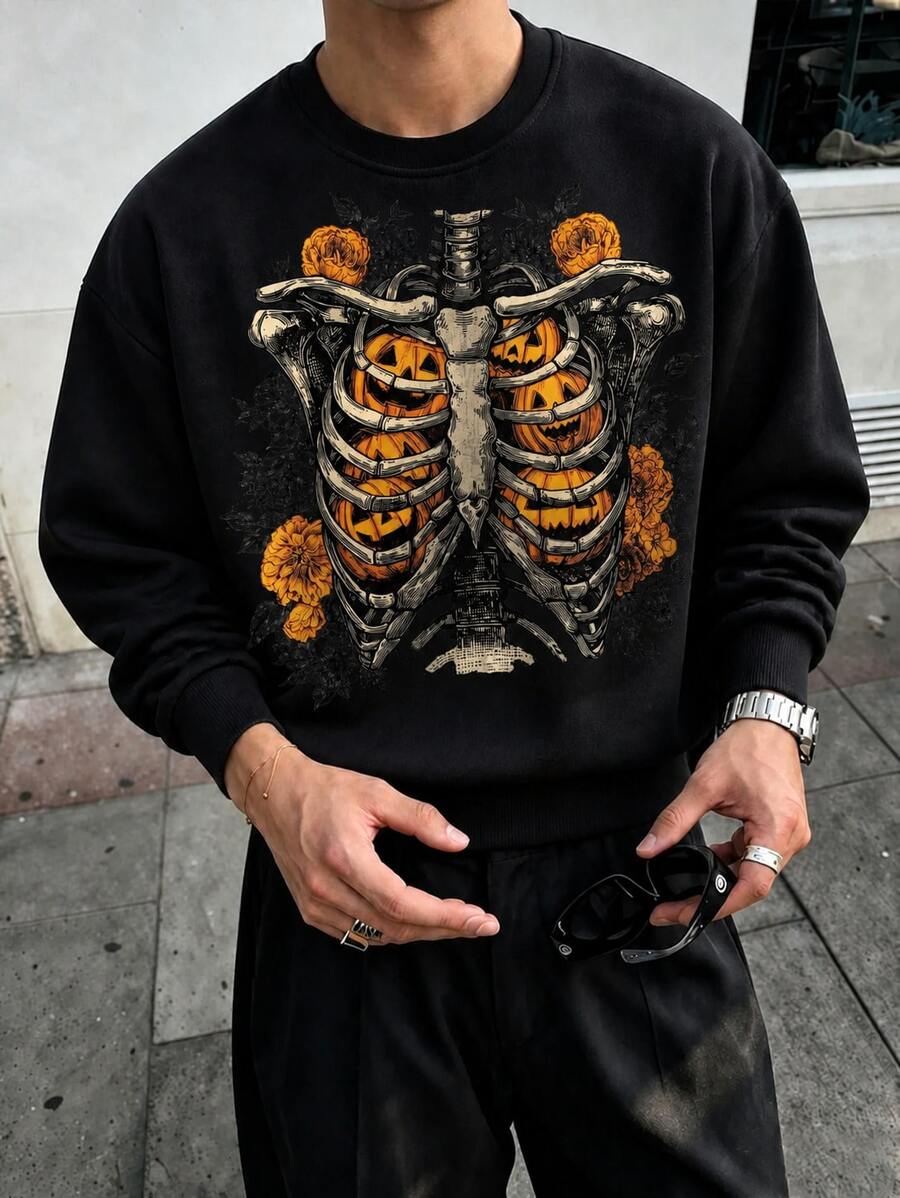 FRACTYR 男士萬聖節骷髏肋骨南瓜花卉印花圓領長袖運動衫 - 黑色 - 查看 1