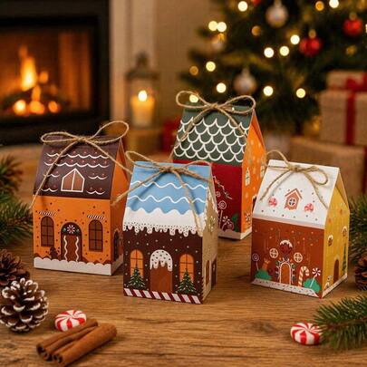 12/24PCS Christmas Gingerbread House Treat Boxes, 4 Packs Assorted Designs House Gift Boxes With Jute String, Perfect For Christmas Party Favors, Gift Swap, Holiday Gift Giving, Classroom Treats