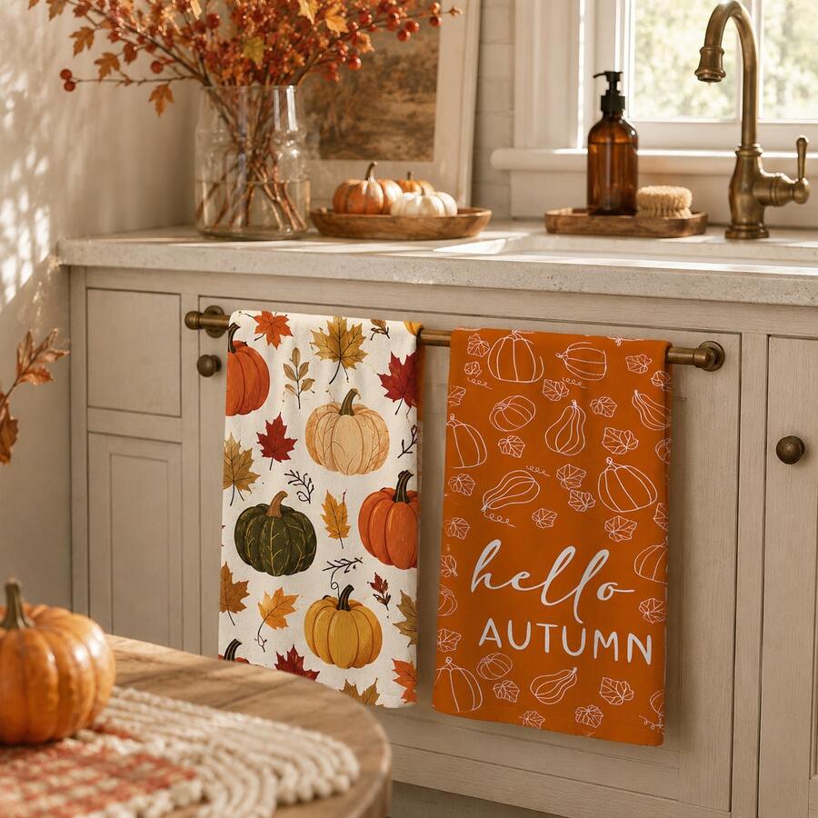 2/4/6pcs Autumn Printed Kitchen Towels, Watercolor Hand-Painted Style, Pumpkin & Maple Leaf Flat Pattern, Soft & Easy To Clean, Autumn Home Gift, Kitchen Accessories, Suitable For Autumn Kitchen Decor, Holiday Home Decoration, Baking, Cooking - Multicolor - View 1