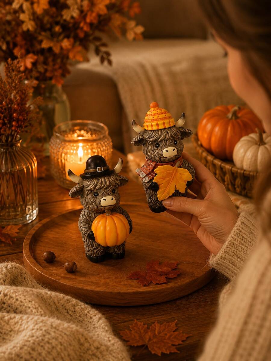 1pc Halloween Maple Leaf Pumpkin Highland Cow Home & Garden Decor, Farmhouse Style Tabletop Entryway Gift, Suitable For Christmas And Autumn Seasonal Collection Ornament - Multi-color - View 1