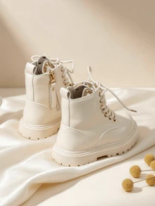 1 Pair Fashion Classic Lace-Up Boots With Metal Eyelets, Side Zipper, Workwear Style, Cute Cat Ear Design, Comfortable And Soft, Suitable For Daily Wear, Campus Commute, All-Season Versatile - Beige - View 4