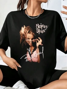 BBritney Spears Vintage Bootleg Tee, Retro Halftone Portrait, Signature Print, Classic Y2K Pop Merch Design For Devoted Britney Fans - Black - View 10