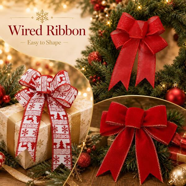 Bow Decor, Large Red Wire Wreath Bow, Suitable For Christmas Tree, Front Door, Wreath And Gift Wrapping, Reindeer Snowflake Holiday Bow, Indoor Outdoor Christmas Home Party Decoration Set, Halloween, Christmas, Wedding Gift Wrapping, Decoration