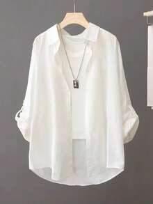 Women's 100% Pure Cotton Comfortable Fabric, White Long Sleeve Shirt Collar Top, With Rolled Sleeves, Regular Length, Loose Fit, Suitable For Spring And Autumn - White - View 2