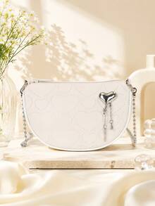 1pc Women's Heart Embossed Crescent Bag, Metal Heart Tassel Pendant Chain Crossbody Bag, Sweet Cool Style Contrast Edge Shoulder Small Bag - M1754 - View 13