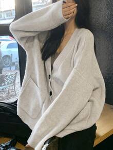 Women's Autumn/Winter Solid Color Pocket Versatile Minimalist Loose Knit Cardigan Jacket - Beige - View 3