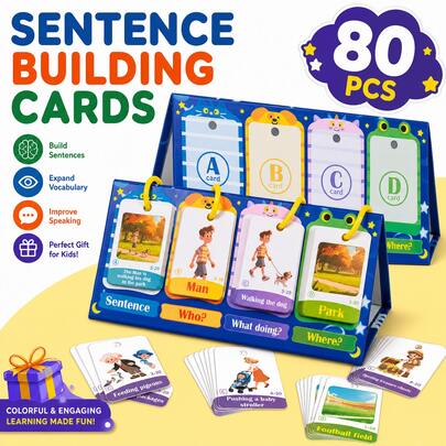 80PCS Picture-Based Sentence Building Cards, Kids English Grammar Speech Therapy Learning Toy, Preschool Kindergarten Vocabulary Sentence Construction Educational Cards