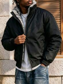 Men's Autumn/Winter Casual Versatile Commute Stand Collar Fur Collar American Retro Streetwear Jacket - Black - View 2