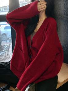 女款秋冬純色口袋百搭極簡寬鬆針織開襟外套 - 酒紅色 - 查看 3