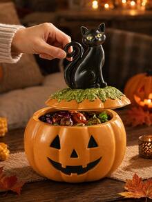 1 hũ đựng kẹo Halloween hình mèo đen và bí ngô, hộp đựng kẹo nắp mèo phong cách Gothic dễ thương, hộp trưng bày kẹo Trick or Treat Halloween sáng tạo, phù hợp đóng gói kẹo, trang trí bàn tiệc Halloween, trang trí nhà mùa thu, quà tặng chủ đề nhà ma ám - Nhiều màu - Xem 2