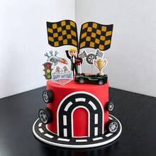 15pcs Racing Car Cake Toppers, Racing Driver Checkered Flag Cake Decorations, Boys Birthday Party Cake Picks - Multicolor - View 7