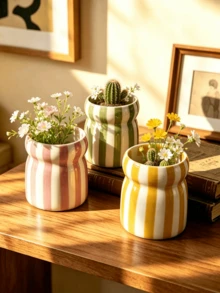 1pc Vintage Striped Waist Flower Pot, Multi-Functional Desktop Storage Vase, Home Decor - Waist-cinching Stripes - View 3