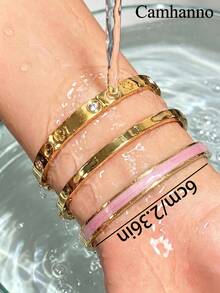 Camhanno Set Gelang Ukir Bertatahkan Warna Kontras 3 Buah, Perhiasan Pergelangan Tangan Stainless Steel Tahan Lama, Cocok untuk Kencan dan Acara Sehari-hari untuk Wanita - Emas - View 6